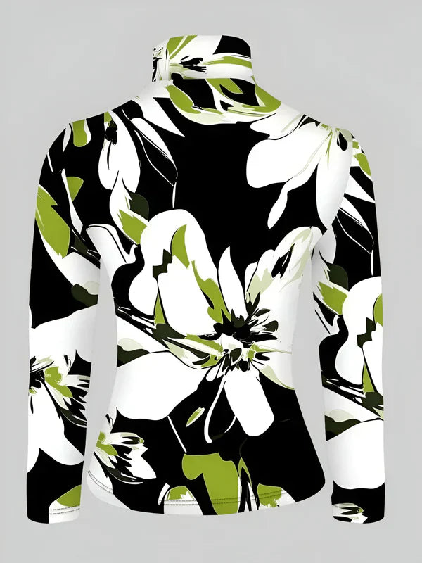 Risa - sexy rollkragen-langarm-t-shirt mit hohem kragen und blumendruck