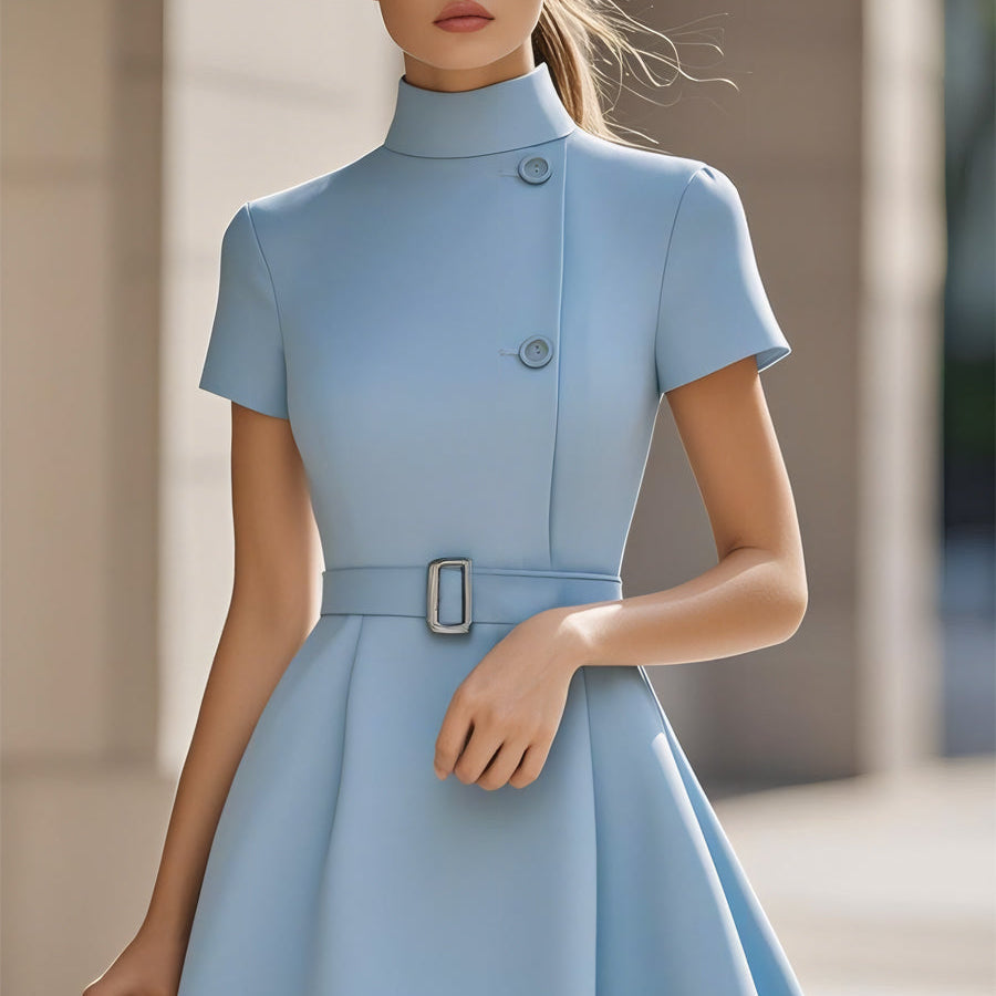 Damenkleid aus Baumwollmischung mit hohem Kragen und Gürtel
