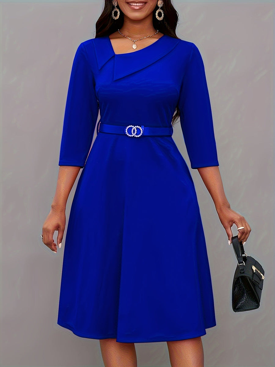 Heidi-Mode | Einfarbige Asymmetrische Halsgürtel 3/4 Ärmel Festliches Kleid Für Frauen - Ideal Für Alle Jahreszeiten
