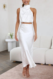 Damen-Set mit Maxirock aus Satin und hochgeschlossenem Oberteil