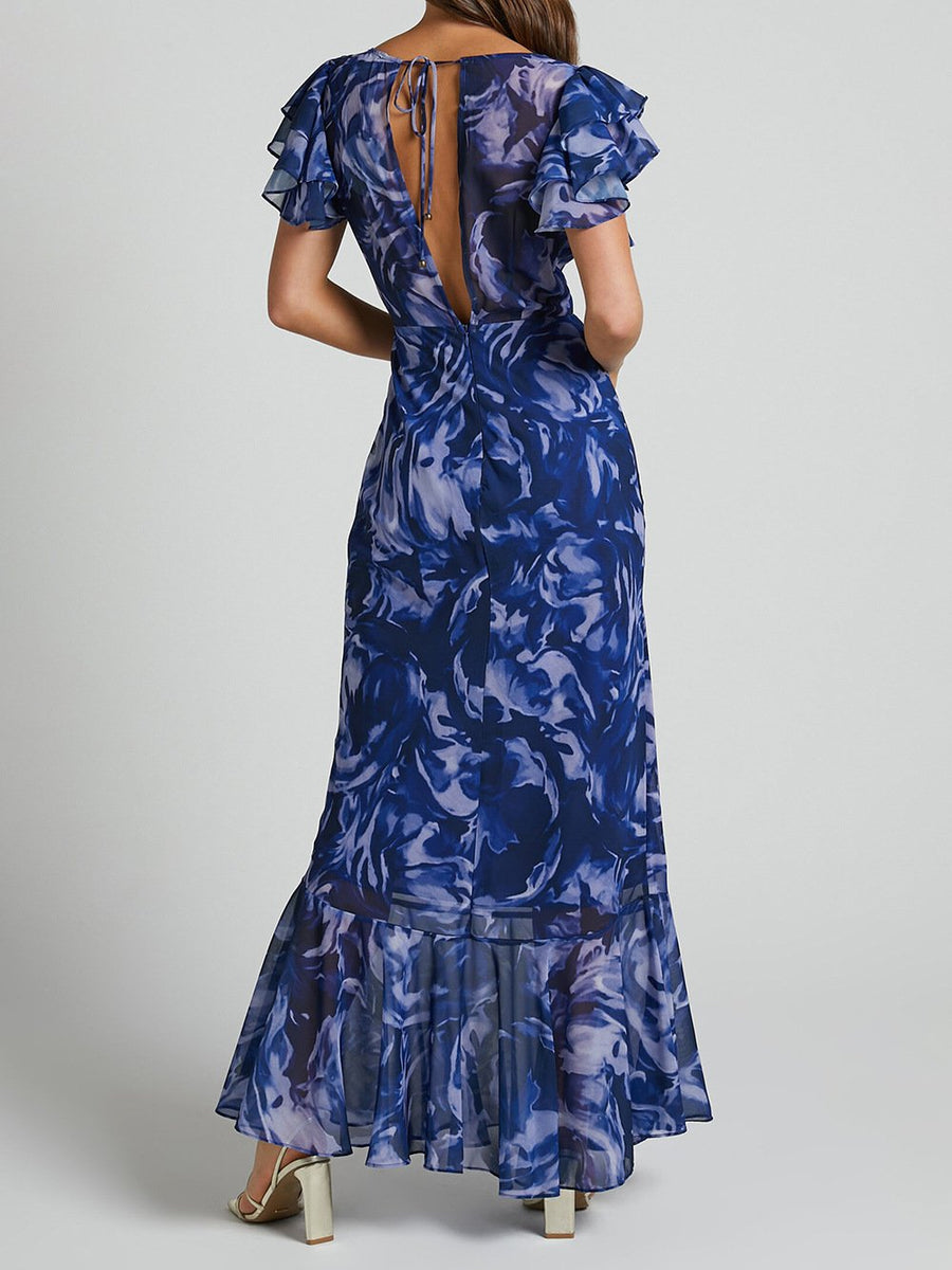 Sarah - Bedrucktes Maxikleid aus Chiffon mit V-Ausschnitt