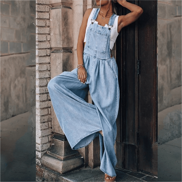 Damen-Latzhose aus Denim mit weitem Bein und verstellbaren Trägern