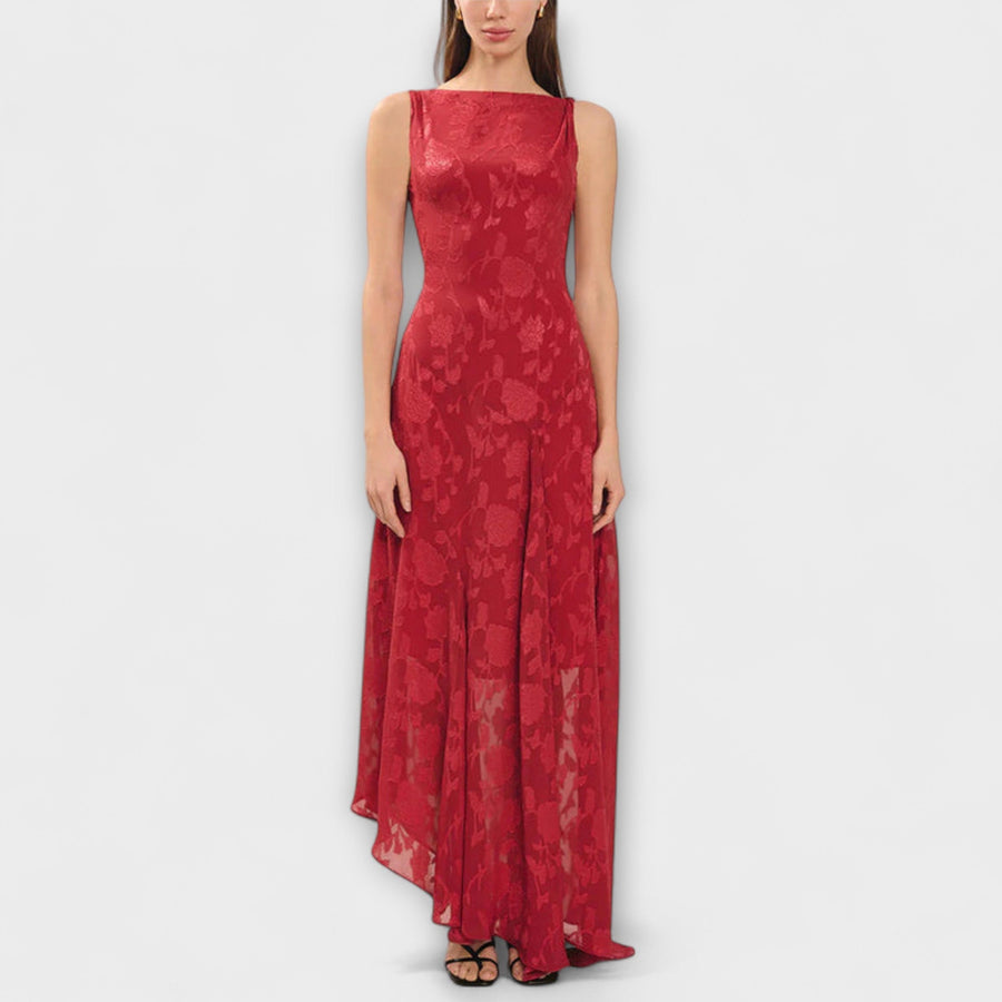 Opal - Elegantes Rückfreies Schnür-Jacquard Maxikleid" can be rewritten as:

"Opal - Stilvolles Rückfreies Schnür-Jacquard Maxikleid