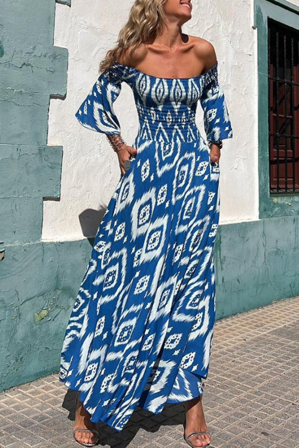 Langes Kleid mit Ethnischer Druck und Off-Shoulder – Bereit für den Urlaub