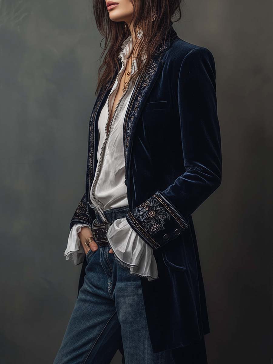FEDERICA | LANGE VINTAGE-JACKE AUS MARINEBLAUEM SAMT MIT STICKEREIEN