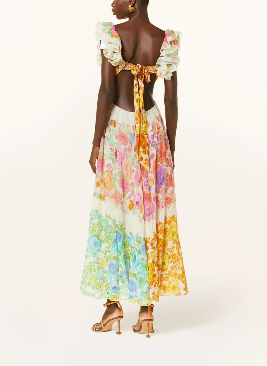 Maxikleid mit Blumenmuster, V-Ausschnitt und Rüschen-Trägern für Damen