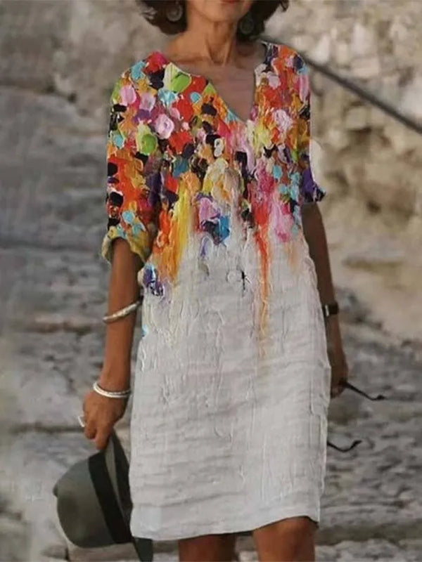 Heidi-Mode | Damenkleid aus Baumwolle und Leinen mit Ausschnitt und Druck Ölgemälde