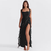 Elegantes One-Shoulder-Abendkleid mit Rüschen und hohem Schlitz