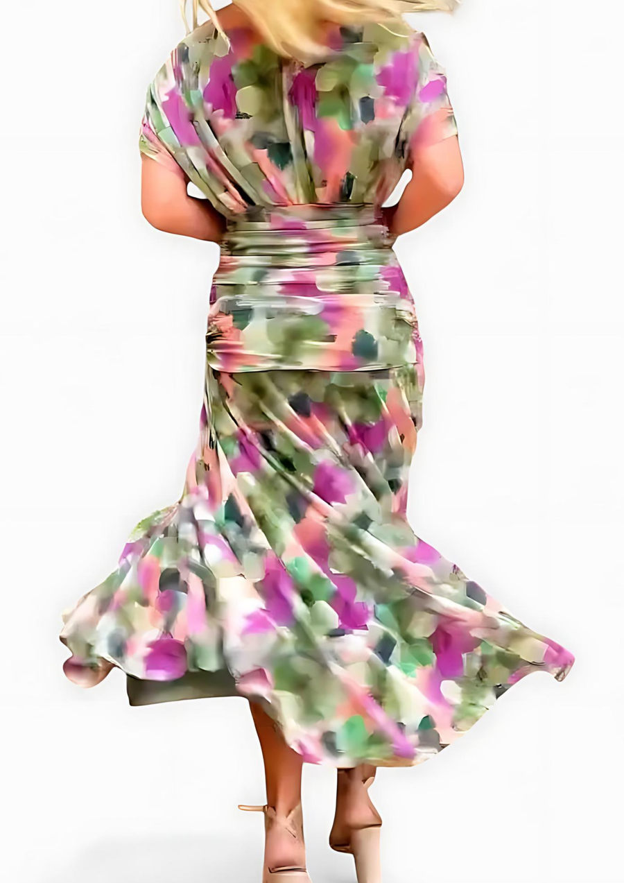 Aure Maxikleid mit Fantasie-Blumenmuster und V-Ausschnitt | Grüne Blumen