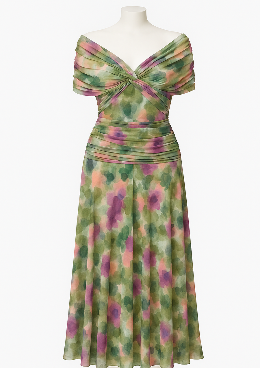 Aure Maxikleid mit Fantasie-Blumenmuster und V-Ausschnitt | Grüne Blumen