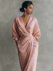 Taylor - Maxi Minimalistische Kleid in Rosa mit V-Ausschnitt aus Leinenmischung für Damen
