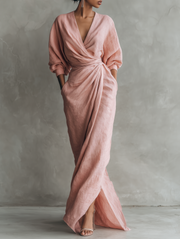 Taylor - Maxi Minimalistische Kleid in Rosa mit V-Ausschnitt aus Leinenmischung für Damen