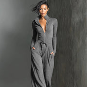 Glitzernder Strick-Jumpsuit mit weitem Bein für Damen | Reißverschluss vorne