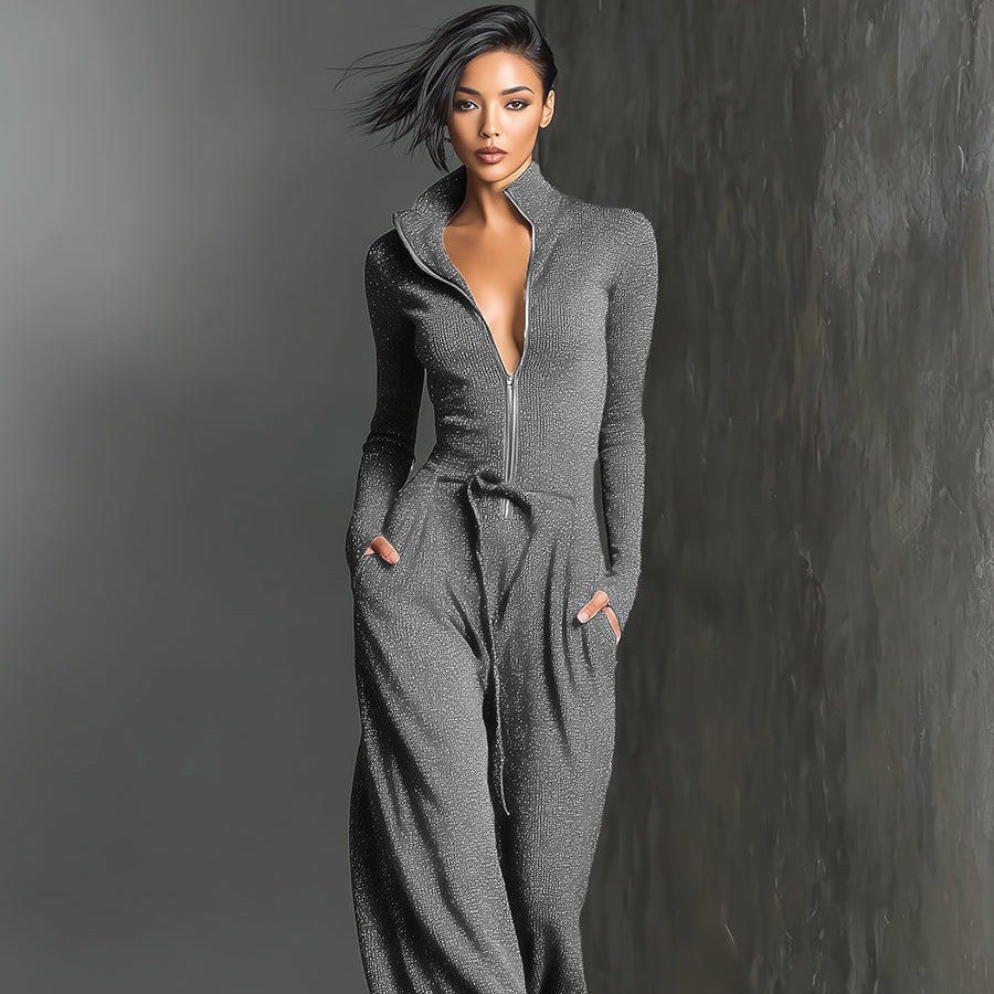 Glitzernder Strick-Jumpsuit mit weitem Bein für Damen | Reißverschluss vorne
