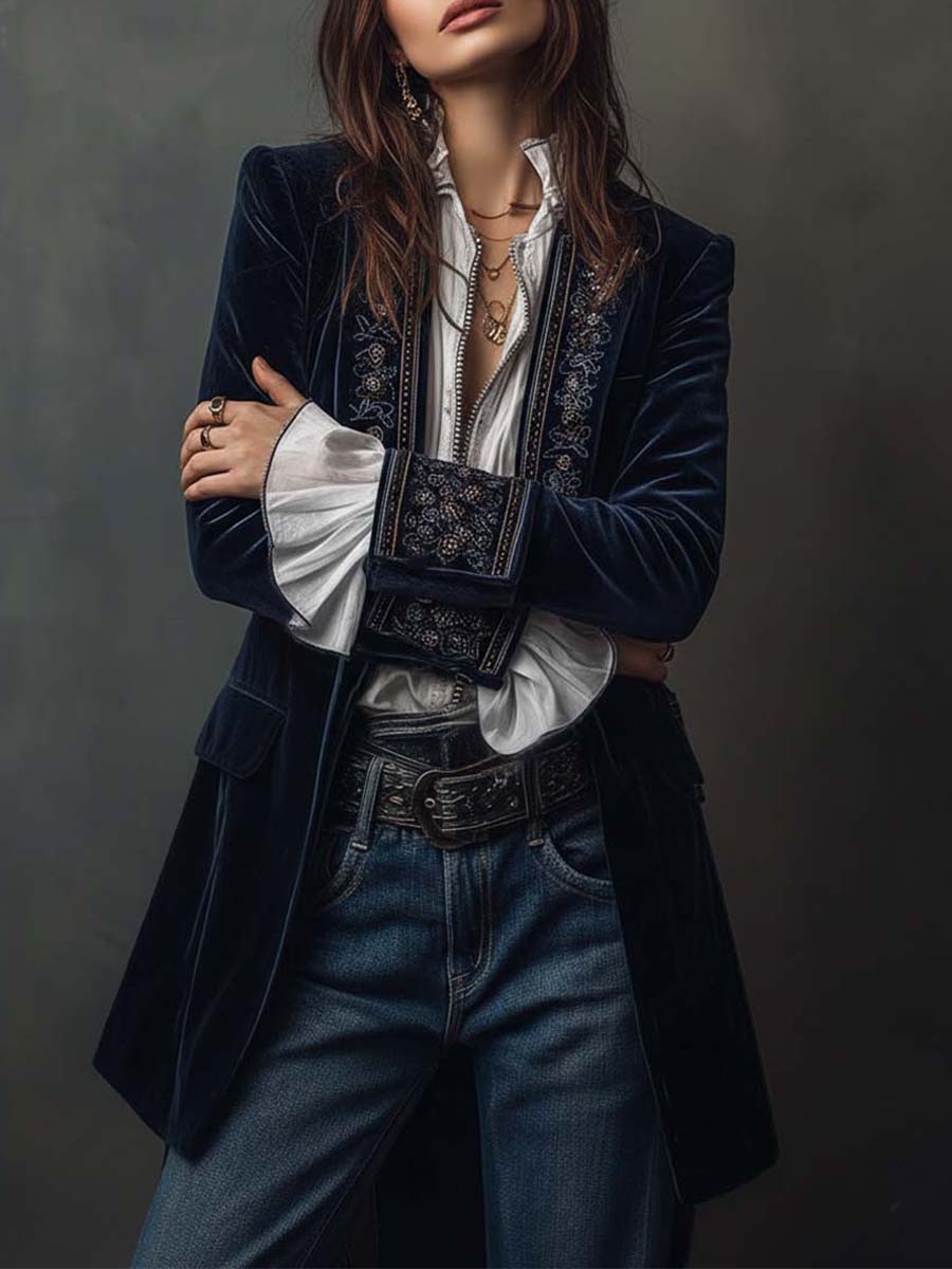 FEDERICA | LANGE VINTAGE-JACKE AUS MARINEBLAUEM SAMT MIT STICKEREIEN