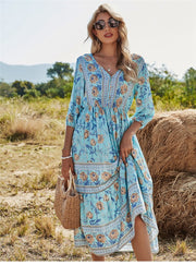 Boho Maxikleid – V-Ausschnitt, 3/4 Ärmel, Blumenmuster