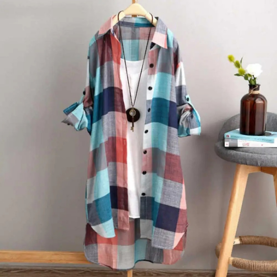 Feather – weißes Blusenkleid mit Karomuster und Reversknöpfen