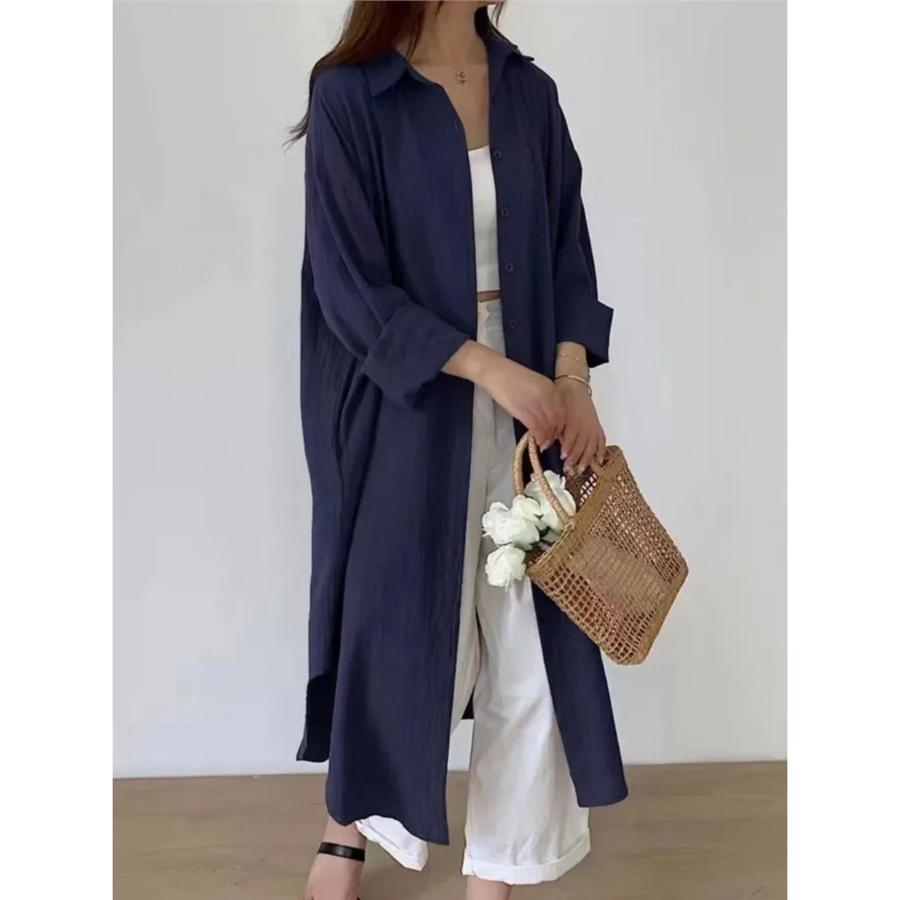 Astrid - Vintage Leinen-Baumwoll-Blusenkleid in mittlerer Länge