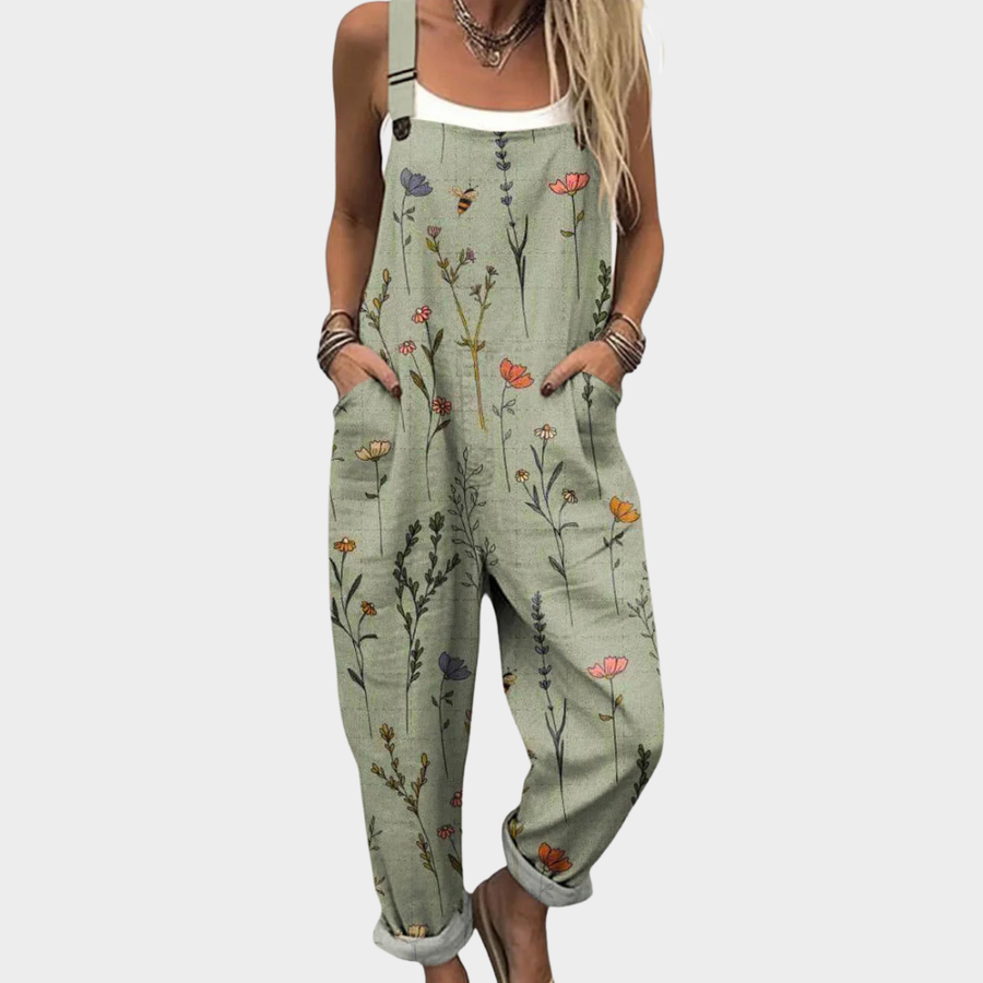 Damen Locker Geschnittene Blumen Latzhose – Lässiger Weite-Bein Overall