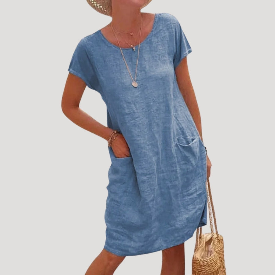 Damen-Leinenkleid in Midi-Länge mit kurzen Ärmeln