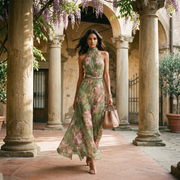 Livia | Damen Florales Halter Maxikleid – Fließendes Sommerkleid Blumenmuster für Urlaub 2026