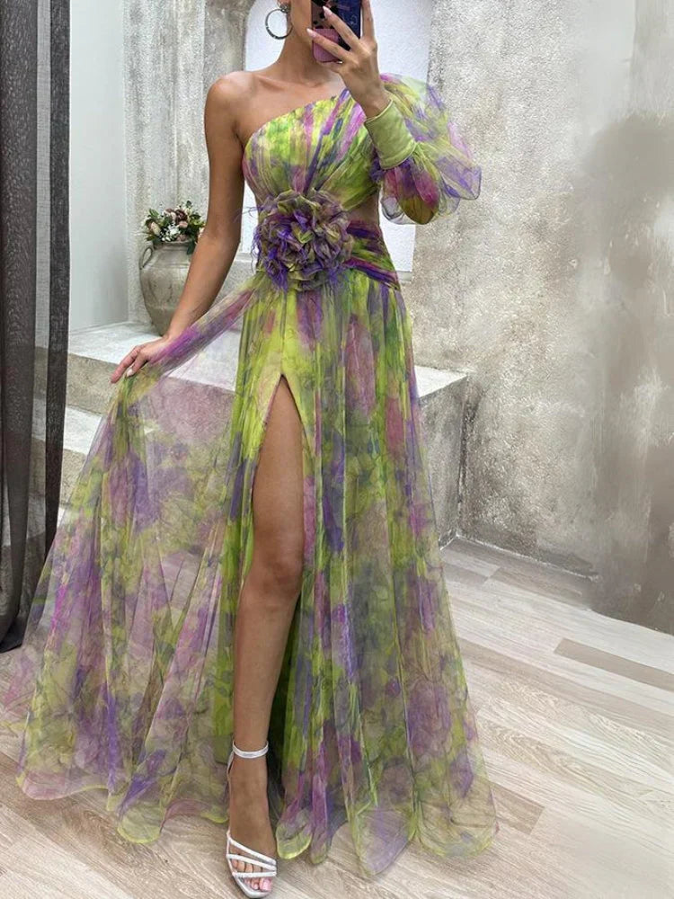 Maxi-Kleid Rosea Asymmetrischer Blumendruck