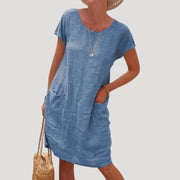 Damen-Leinenkleid in Midi-Länge mit kurzen Ärmeln