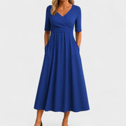 Midi-Kleid für Damen, Wickelkleid mit V-Ausschnitt und Taschen