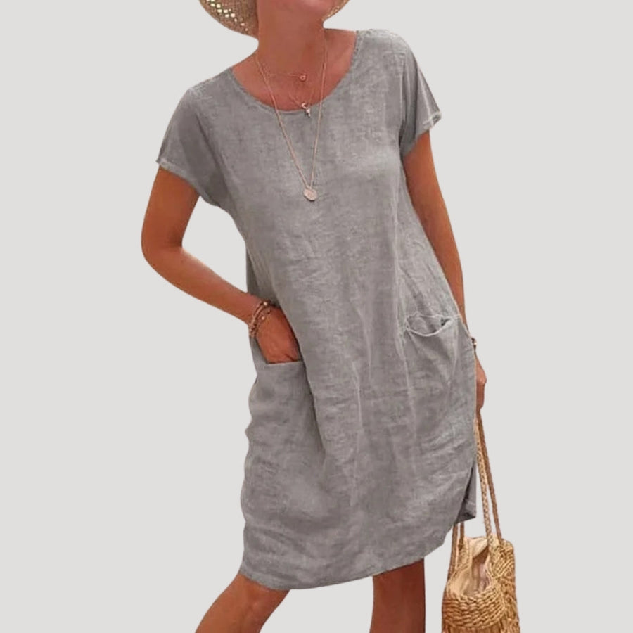 Damen-Leinenkleid in Midi-Länge mit kurzen Ärmeln