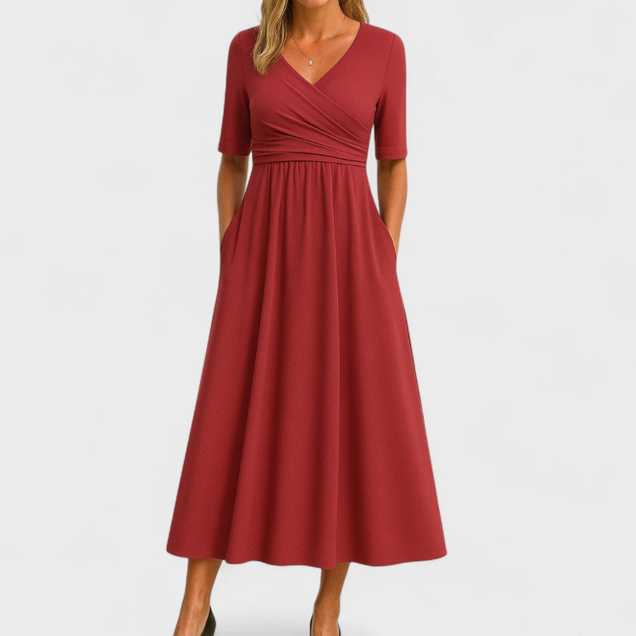 Midi-Kleid für Damen, Wickelkleid mit V-Ausschnitt und Taschen