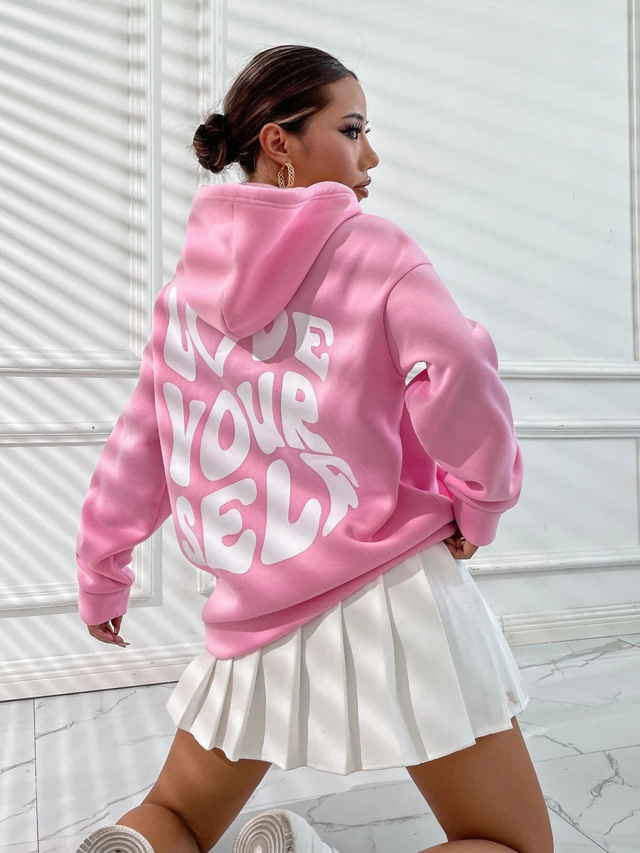 Oversized Hoodie Damen – Schwarzer Kapuzenpullover mit „Love Yourself“ Rückendruck