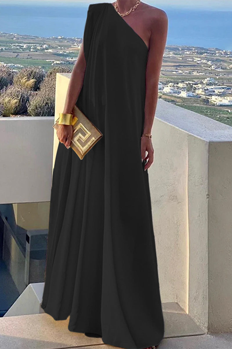 Heidi-Mode | Elegante Einfachheit Solid Asymmetrischer Schräger Kragen Abendkleid Kleider - 3 Farben