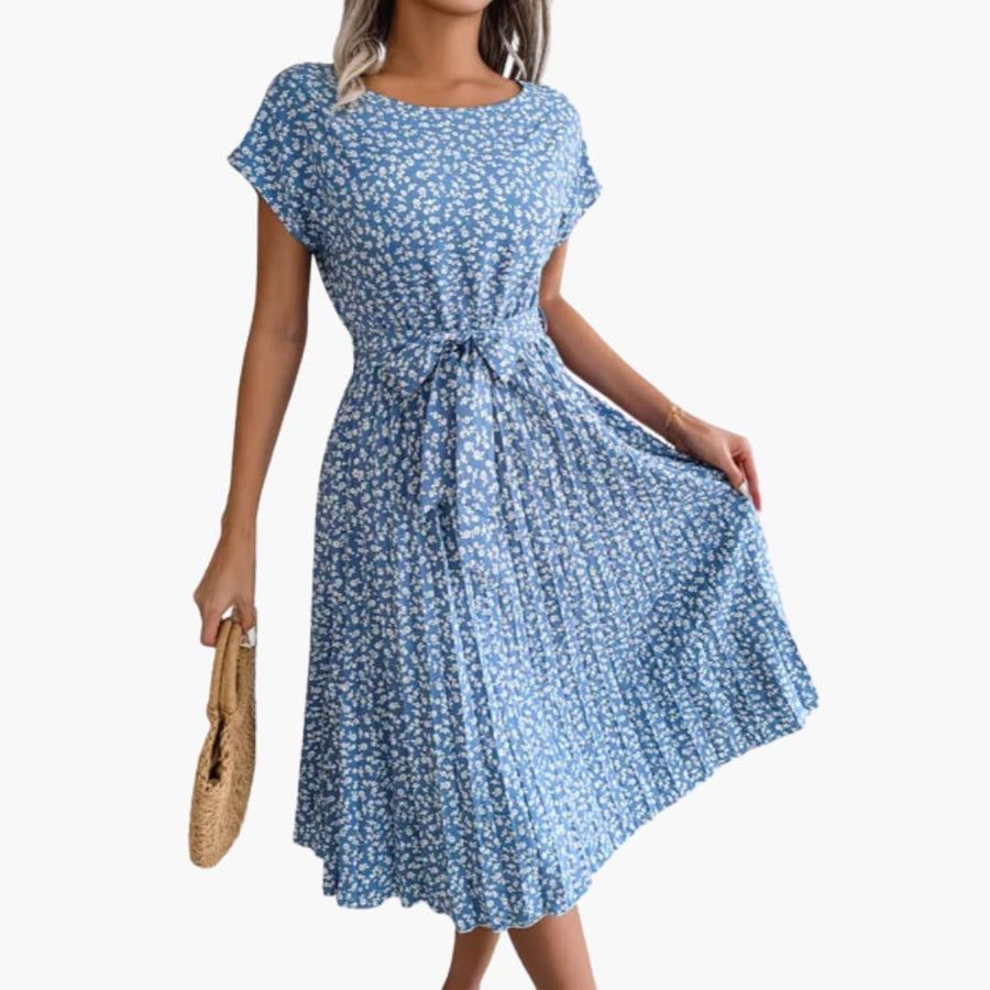 Sommerkleid Damen - Blumenkleid mit Gürtel und Kurzarm