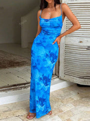 Langes Sommerkleid mit Aquarellprint & Spaghettiträgern