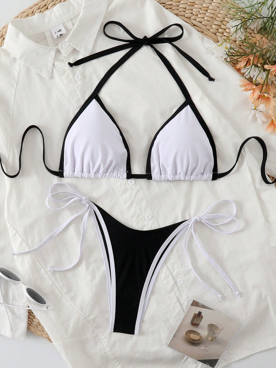 Sexy Triangel-Bikini in Marineblau mit Kontrast-Saum – Minimalistisches 2-teiliges Set zum Schnüren