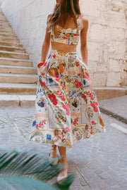 Heidi-Mode | Elegantes Floralprint-Taschen-Rüschenkontrast-Quadratausschnitt-Ärmelloses Zweiteiliges