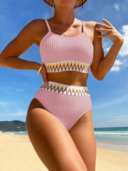 Schwarzer High-Waist Bikini mit Chevron-Detail – 2-teiliges Set mit Spaghettiträgern &amp; Strukturstoff
