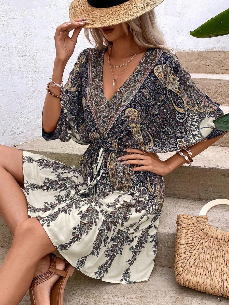 Philippa – Paisley Kleid Damen Fledermausärmel Quasten Urlaub