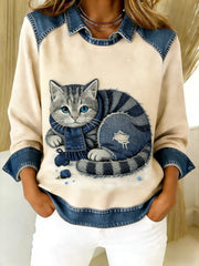 Eponin – Retro Katzen Jeansstoff Flickwerk Sweatshirt