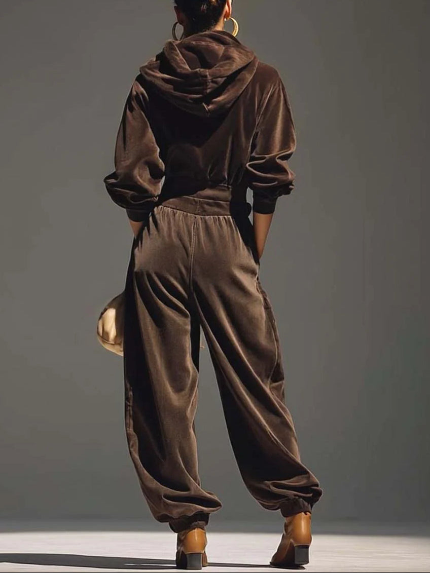 Sophia™ - Vintage brauner Samt-Hoodie und lockere Hose Set (Inklusive Gürtel)