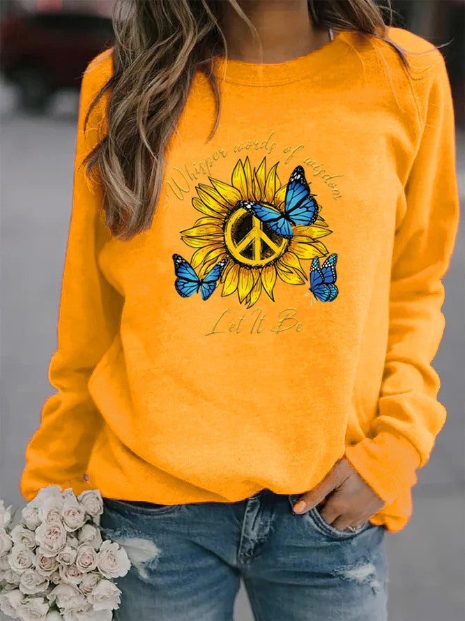 Damen Sweatshirt mit künstlerischem Sonnenblumen- und Schmetterlingsdesign