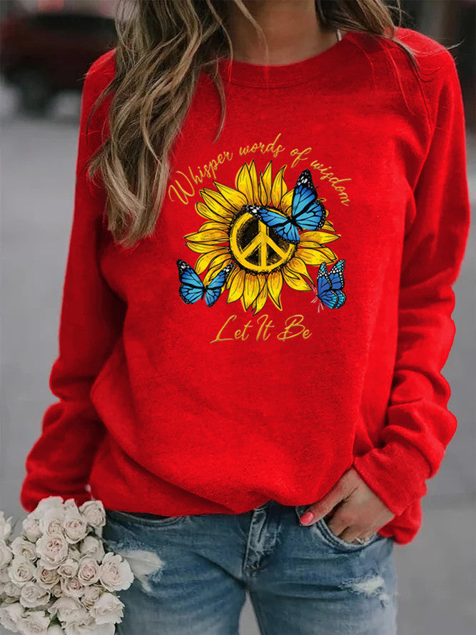 Damen Sweatshirt mit künstlerischem Sonnenblumen- und Schmetterlingsdesign