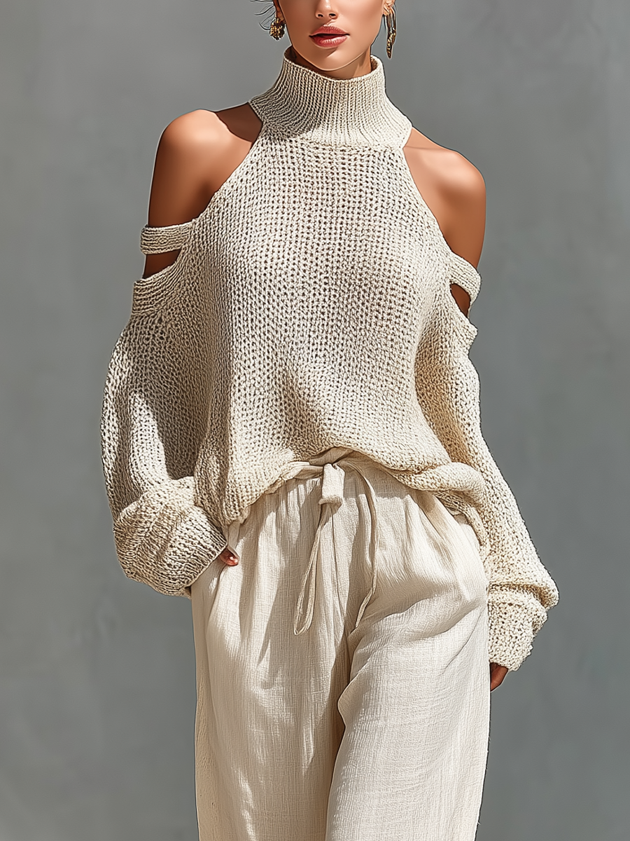 Set aus einem gestrickten Damen-Rollkragenpullover mit Cold-Shoulder-Ausschnitt und einer Hose mit weitem Bein