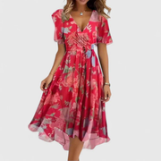 Helga | Damen Blumen V-Ausschnitt Midi Kleid
