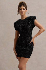Damen-Minikleid aus Glitzerstoff - eng anliegend, ärmellos, glamouröser Stil