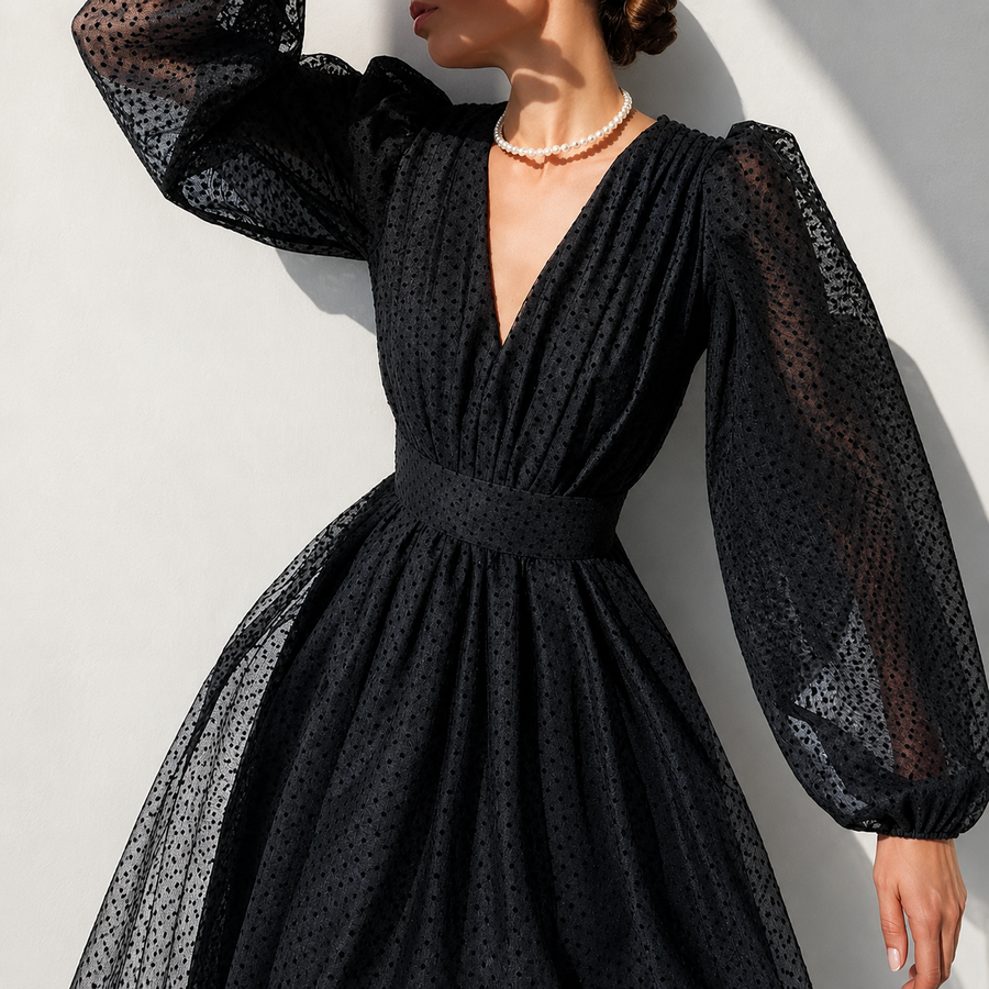 Emina - Stilvolles V-Ausschnitt Kleid mit langen Ärmeln