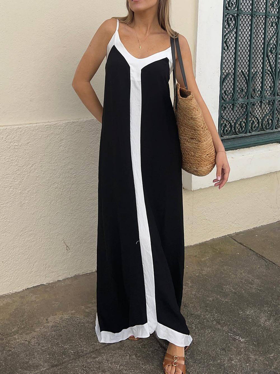 Mittellanges Kleid mit verstellbaren Trägern und Blockfarben-Design