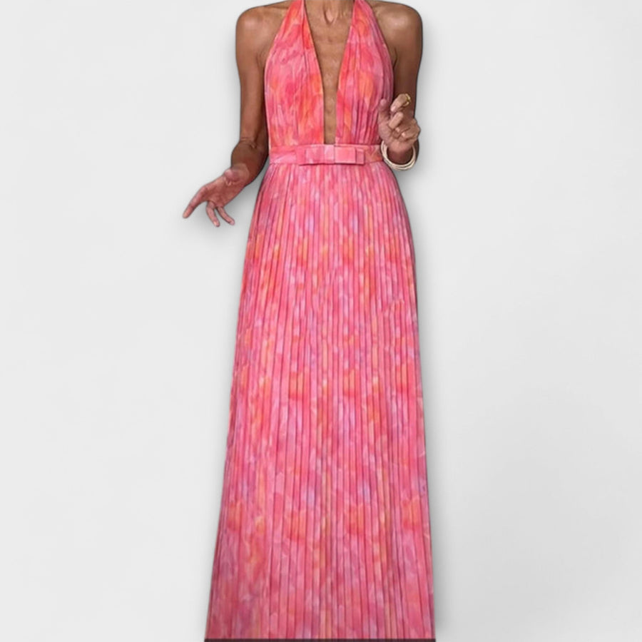 Seraphina - Elegantes Maxikleid mit Halterneck und V-Ausschnitt im Plissee-Design