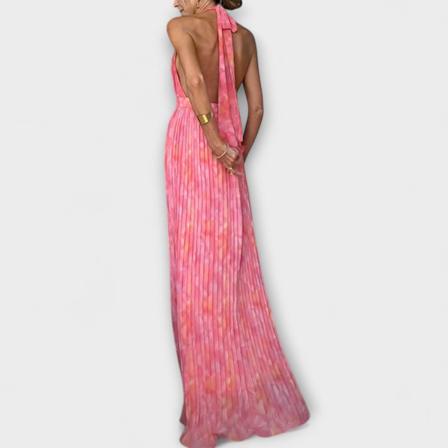 Seraphina - Elegantes Maxikleid mit Halterneck und V-Ausschnitt im Plissee-Design