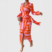 Gudrun | Damen Gestreiftes Wickel Midi Kleid